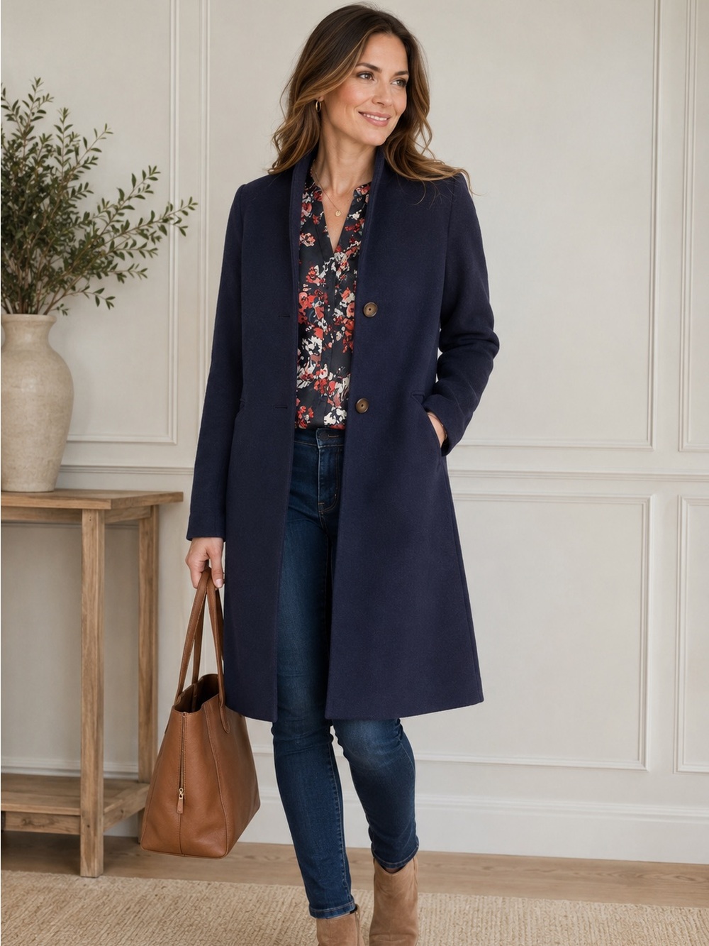 Joules Navy Hooded Pea Coat with Floral Lining